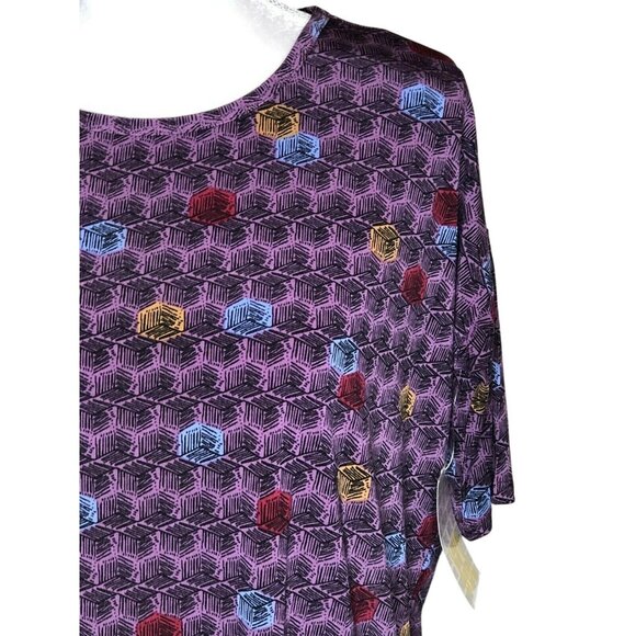 LuLaRoe Irma XXS Purple Geometric Print Short Sleeve Tunic Top Hi Low Hem - Picture 2 of 10